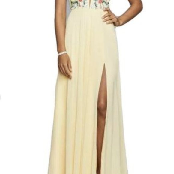 Prom Faviana Plunging Floral Embroidered Chiffon Dress Sz. 0 - Picture 3 of 5